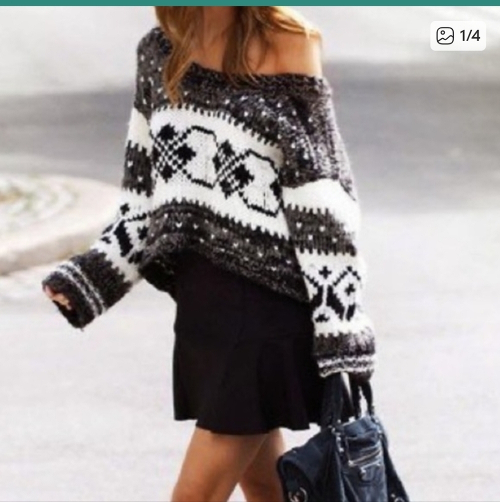 Free People Black and White Nordic Cropped Chunky Sweater